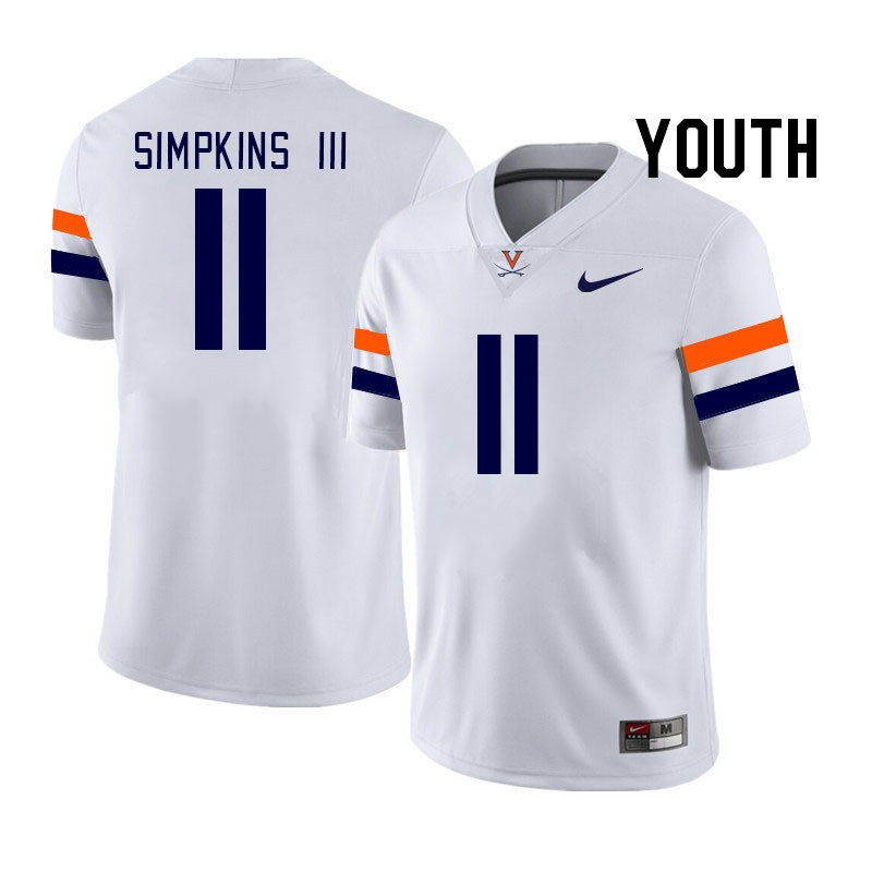Youth #11 William Simpkins III Virginia Cavaliers College Football Jerseys Stitched Sale-White - Click Image to Close